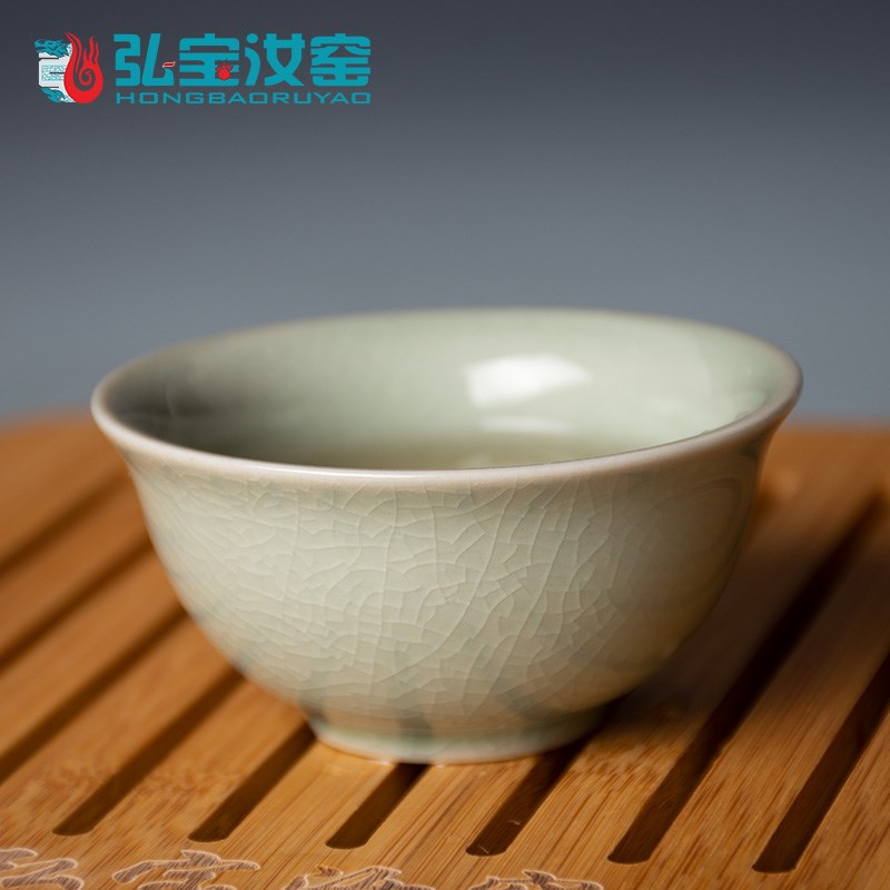 弘宝汝窑品茗杯粉青釉原产地汝瓷精品茶杯蝉翼纹开片可养陶瓷家用