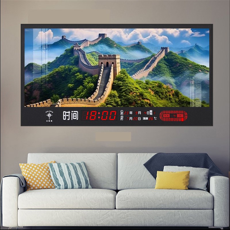 新款山水风景画挂钟万年历电子钟静音夜光数码日历钟表客厅装饰画