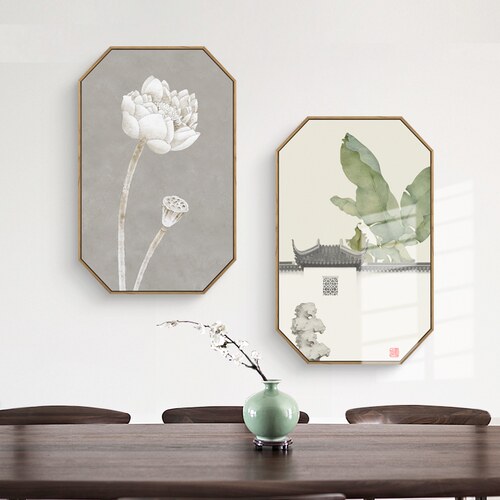 禅境 新中式壁画挂画装饰画沙发背景墙挂画水墨八边形玄关禅意定