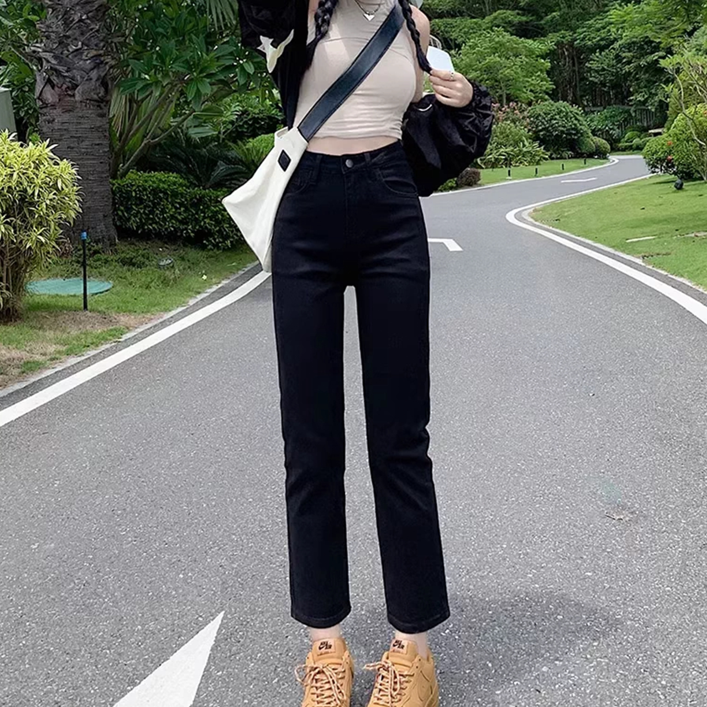 赠运费险黑色高腰烟管裤女士九分