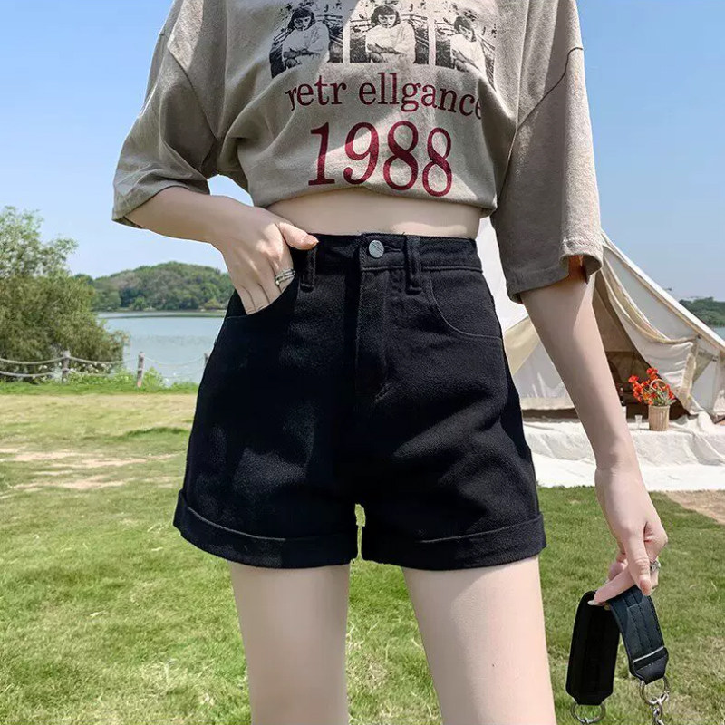 赠运费险黑色卷边牛仔短裤