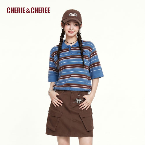 CHERIE&CHEREE26夏纯棉MIU系条纹短袖T恤女POLO针织衫CC6WCX3B072
