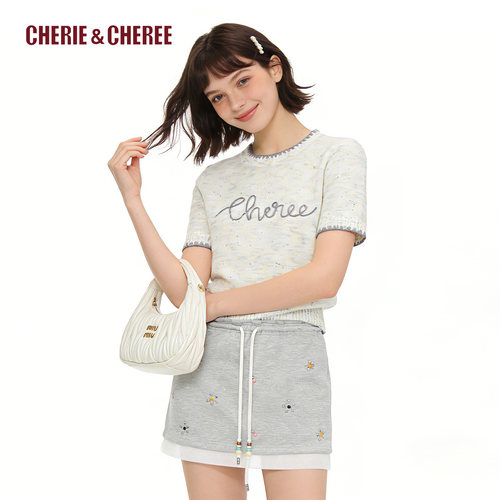 明星同款CHERIE&CHEREE26夏珠片字母短袖针织衫女上衣CC6WDX3B054