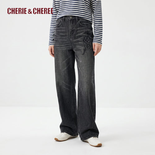 CHERIE&CHEREE26秋纯棉绣花牛仔阔腿长裤CC6WLX2N088
