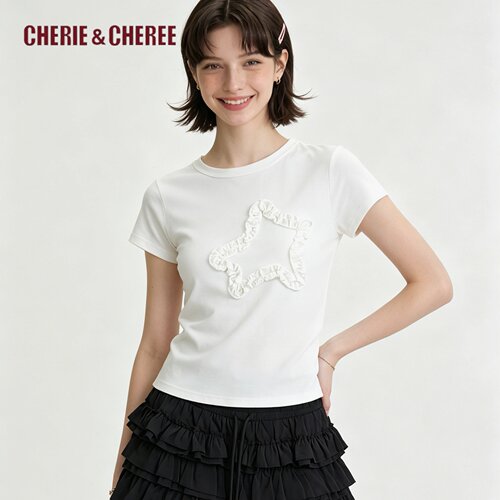 CHERIE&CHEREE26夏莱赛尔立体图案绣花短袖T恤女CC6WLX4T280