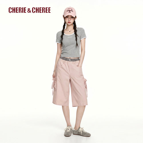 CHERIE&CHEREE26夏假两件腰头拼接格纹宽松休闲中裤CC6WCX3U063
