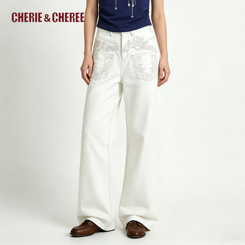 CHERIE&CHEREE26夏绣花弯刀阔腿牛仔裤CC6WLX1N034