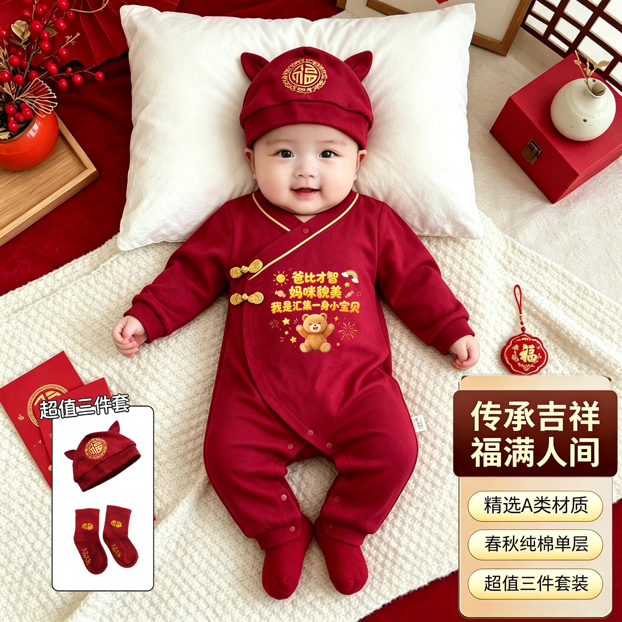 新中式婴儿满月百天春秋哈衣套装