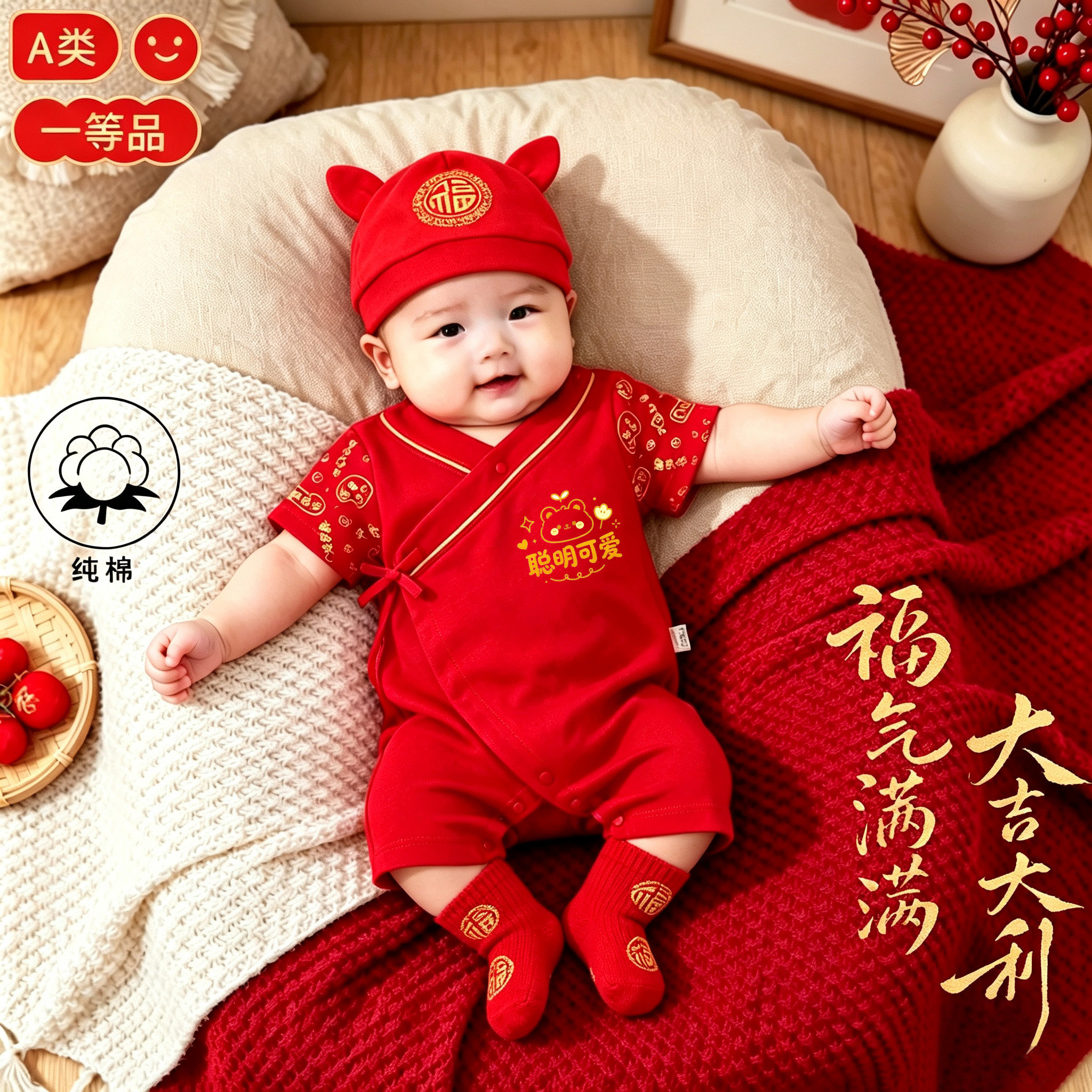 中国风红色喜庆新生儿夏季哈衣