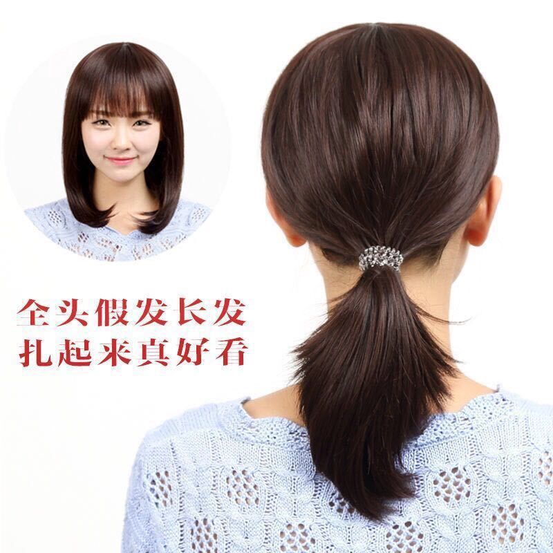 假发女长发全头套自然齐刘海光头可扎中长直发圆脸中老年妈妈假发