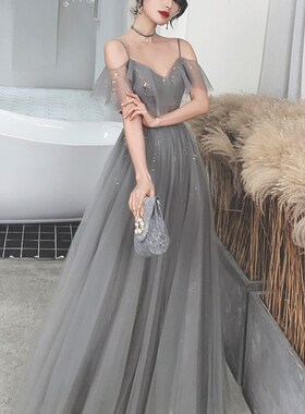伴娘服宴会2022新款简单大方灰色姐妹团毕业演出显瘦长款伴娘礼服
