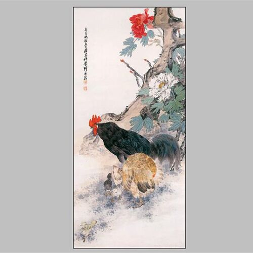 馆藏刘奎龄-鸡鸣富贵图宣纸国画名家字画画芯心高清微喷复制打印