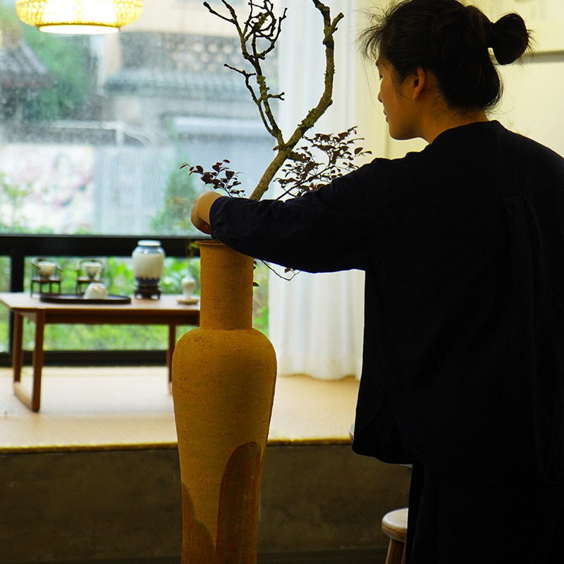 手绘彩陶净水观音瓶仿古花瓶插花器皿新中式摆件手工陶泥桌面禅意