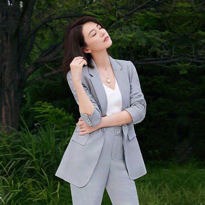 加大码女装薄款七分袖西装外套胖mm显瘦收腰防晒衫西服小脚裤套装