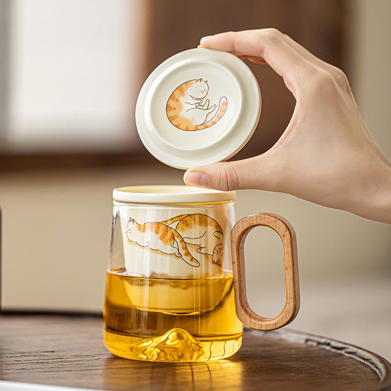 拓土大橘猫泡茶杯高硼q硅玻璃泡茶杯茶水分离办公杯带盖带过滤喝