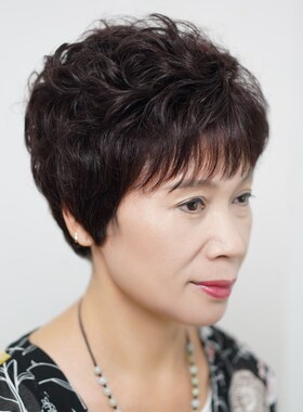 假发真发全真人发中老年妈妈化疗光头专用短发全头套烫卷黑色自然