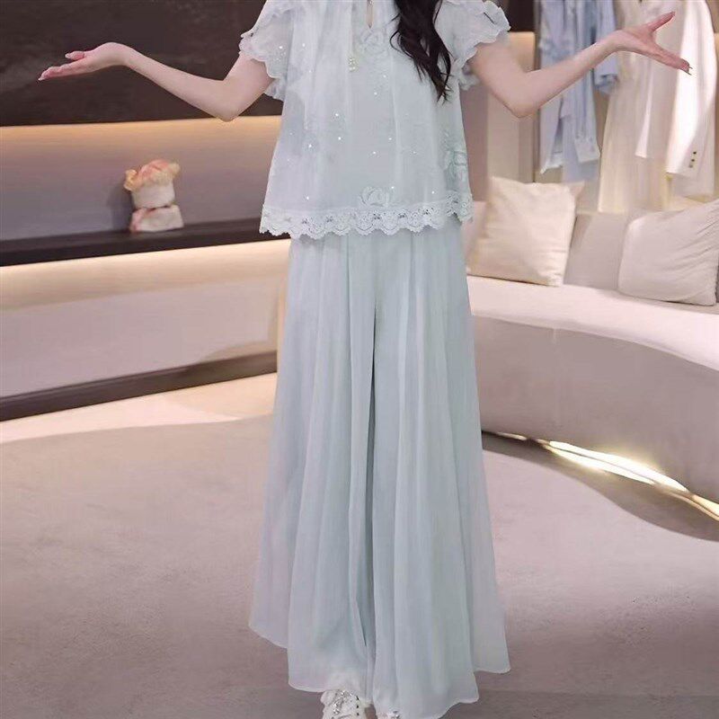 高级感时尚气质百w搭蕾丝衬衫长裤套装女生