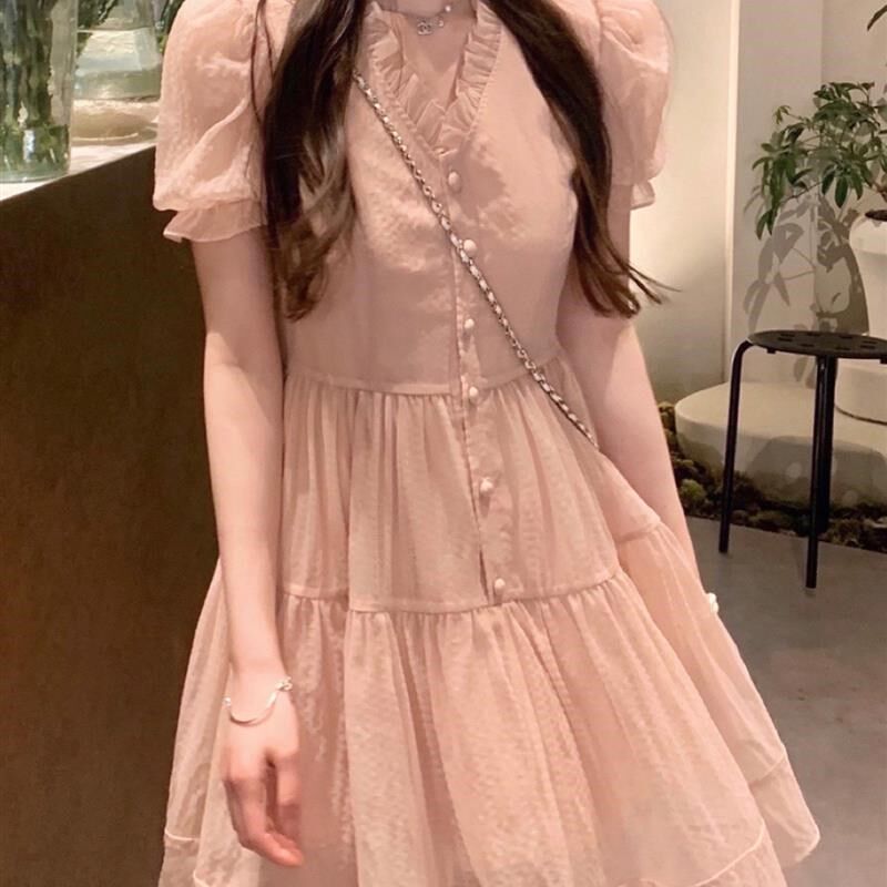 初恋裙法式v领粉色女装甜美连衣裙2024夏季裙子仙女裙绝美ins短裙