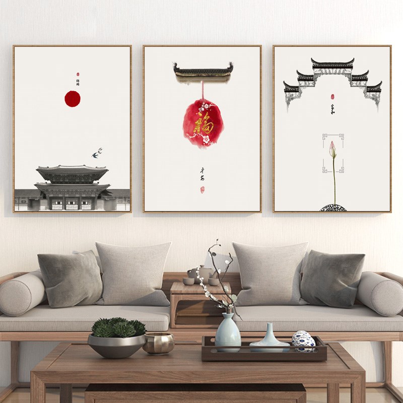 新中式客厅沙发背景墙装饰画中国风徽派建筑挂画玄关茶室民宿壁画