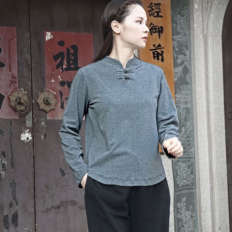长袖t恤打底衫佛系新中式女装针织衫中国风禅意上衣唐装禅服女士