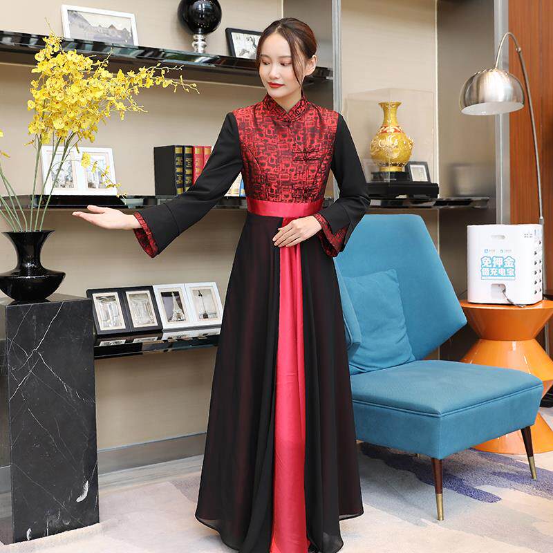 酒店迎宾服咨客礼仪服中餐厅长袖新款汉服茶楼中国风唐装改良旗袍