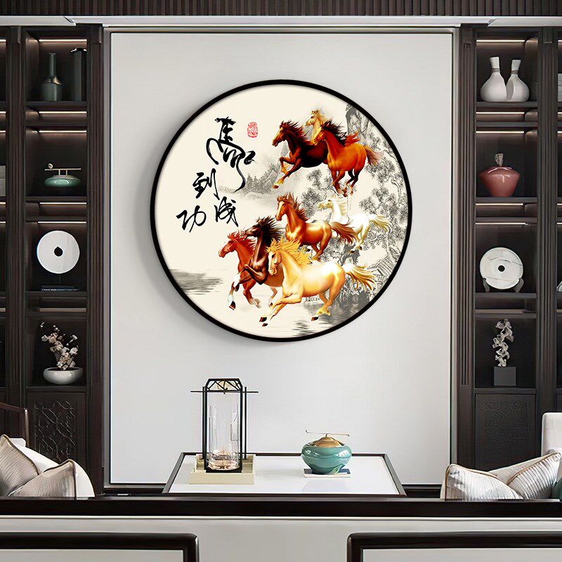 网红字画挂画圆形马装饰画八匹骏马八骏图办公室客厅壁画玄关马到