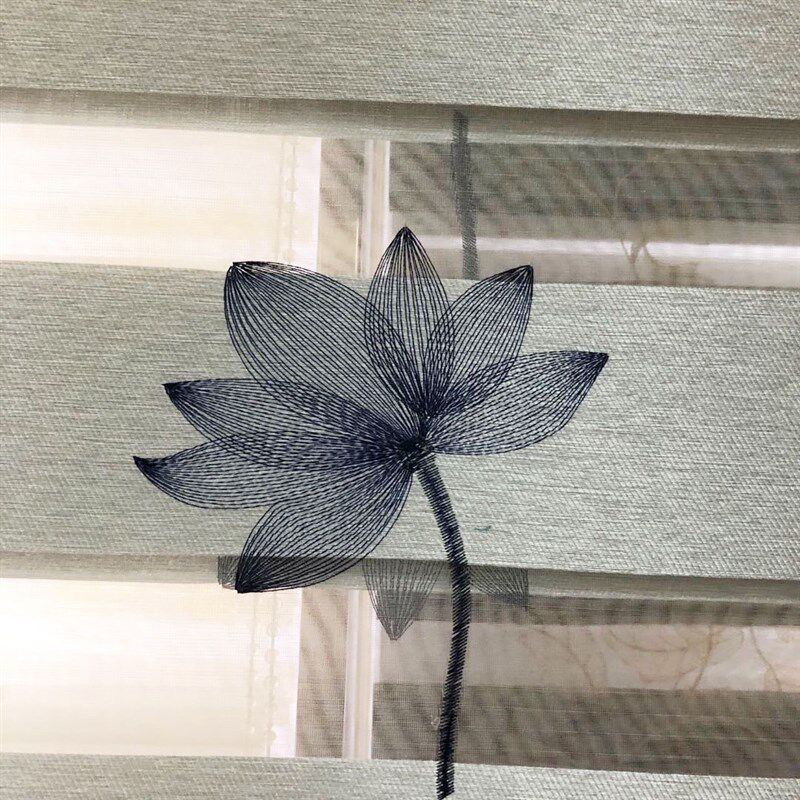 防水防尘绣花柔纱帘书房阳台卫生间窗帘升降百叶双层卷帘莲花荷花