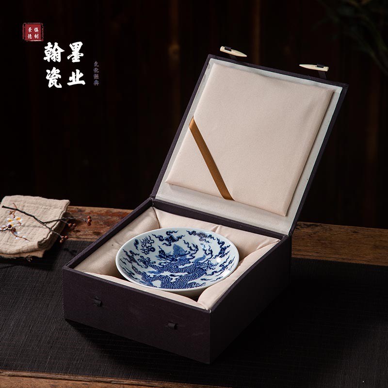 景德镇陶瓷仿古泥青花龙纹壶承家用单个干泡台盖碗托茶盘干果盘
