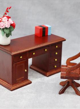 1:12娃娃屋dollhouse木质迷你家具复古书房场景书桌椅子写字台