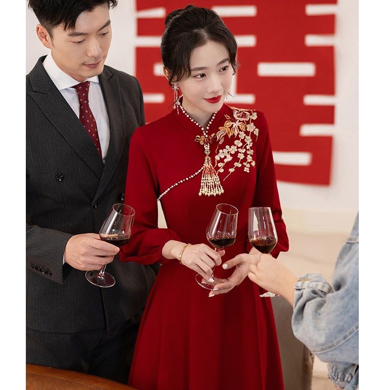 旗袍敬酒服新娘红色长袖结婚礼服女订婚连衣裙中式回门便装高级感