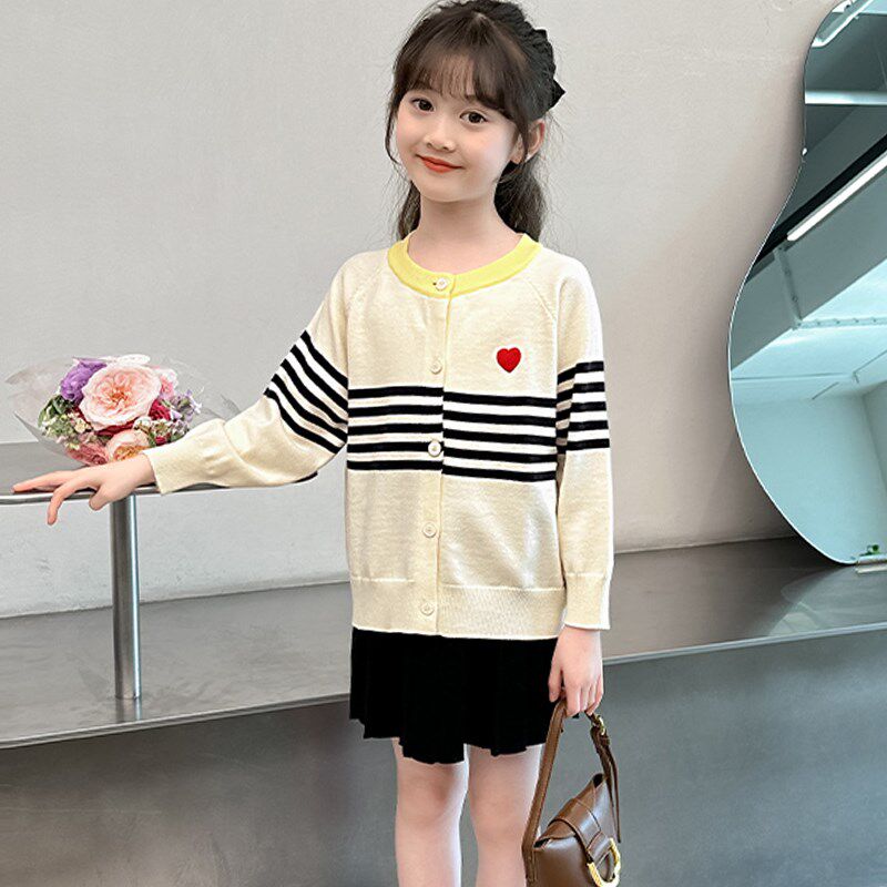 女童针织外套春秋2024新款春夏薄款儿童开衫毛衣大童女孩条纹外搭