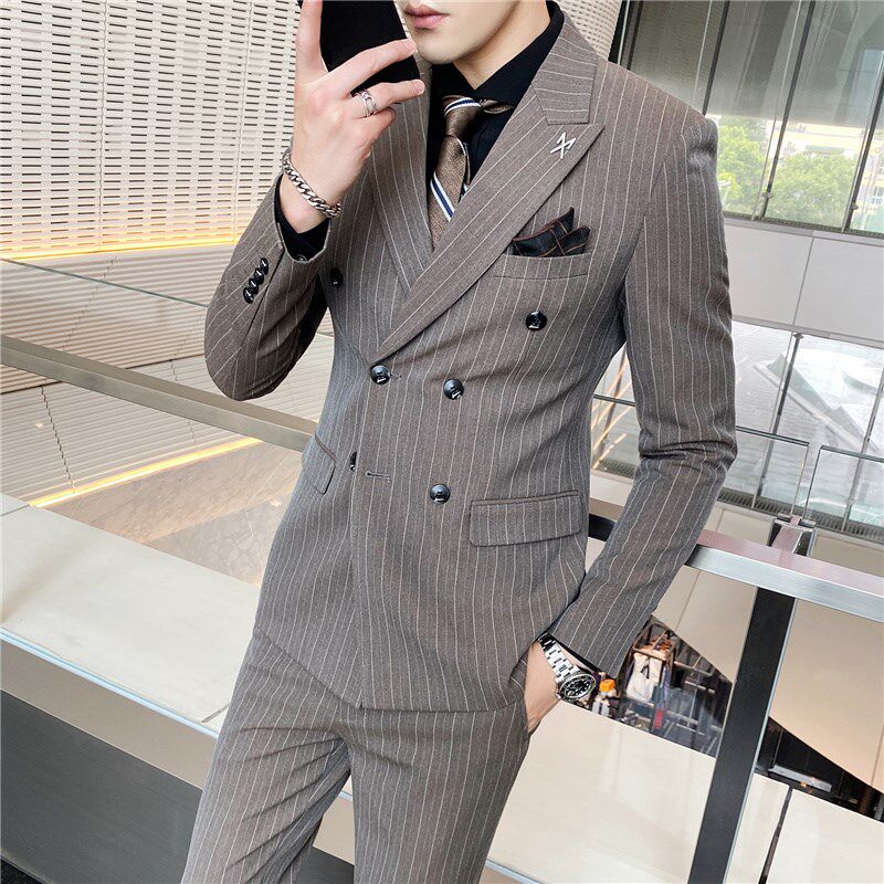 男士双排扣条纹新郎结婚礼服西装套装修身大码英伦正装西服三件套
