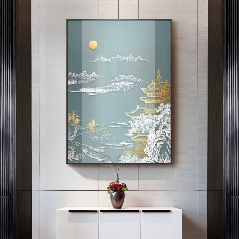 新中式山水楼阁玄关客厅高级感装饰画酒店大堂背景墙浮雕立体挂画