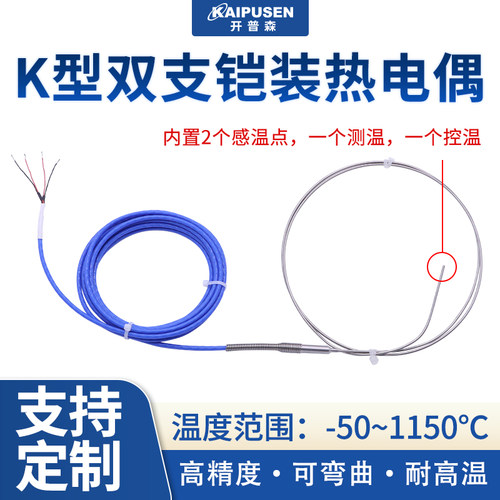 双支铠装热电偶K型温度传感器探头2个测温点控制温度炉温检测定制