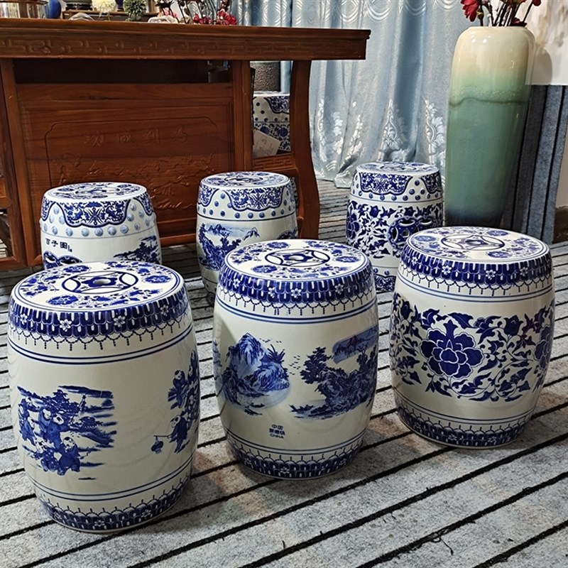 中式矮凳换鞋凳高温陶瓷凳子景德镇青花鼓墩坐凳瓷器凉墩浴凳花架