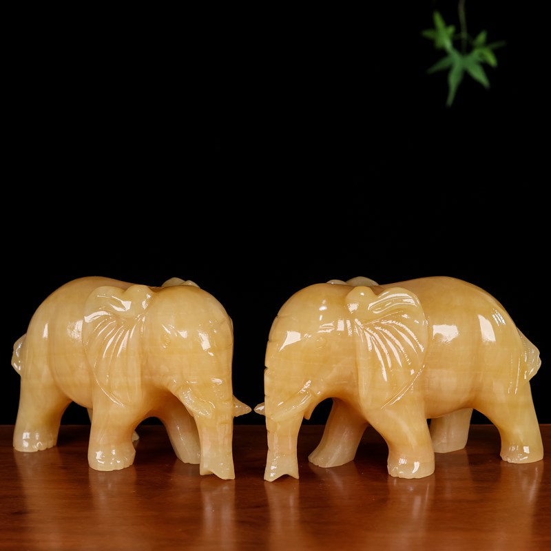 天然米黄玉玉石大象一对居家客厅装饰摆件