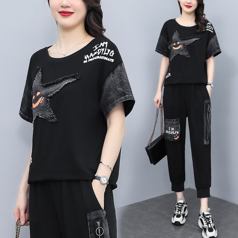 2025夏季新款牛仔拼接短袖大码女装休闲显瘦遮肚两件套裤子套装女