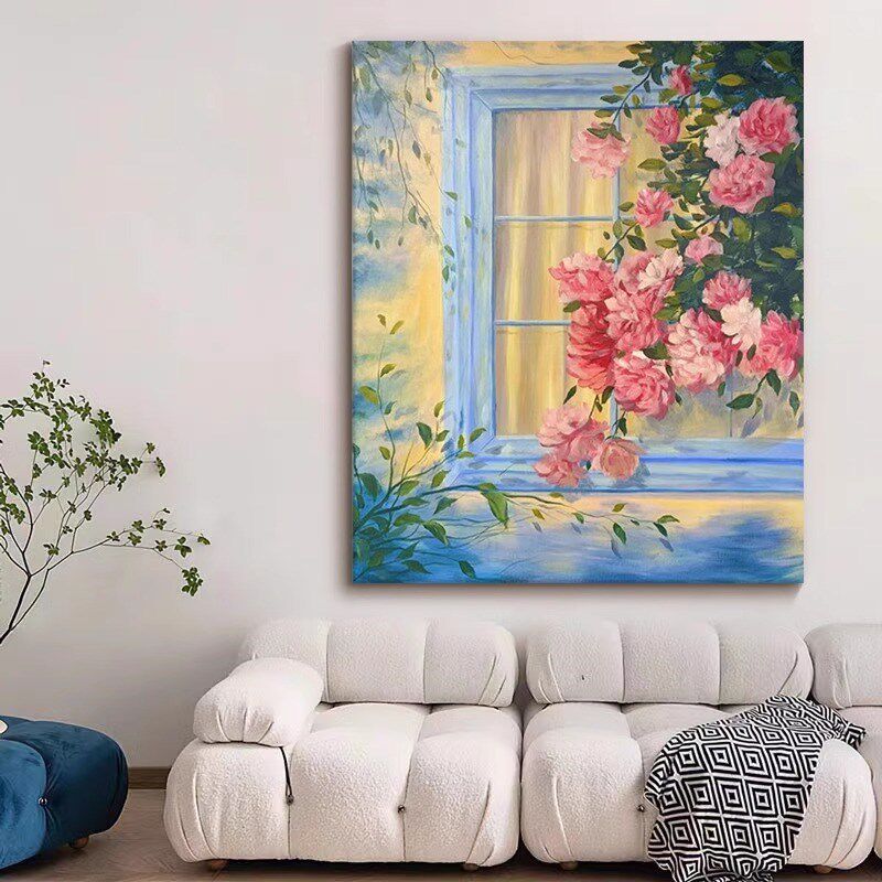 治愈系手绘玄关装饰画客厅牡丹花卉挂画肌理油画暖色风景壁画无框