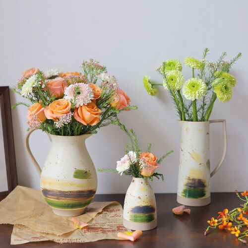 客厅插花陶瓷奶壶花瓶法式田园风高级感水培花壶创意鲜花餐桌摆件