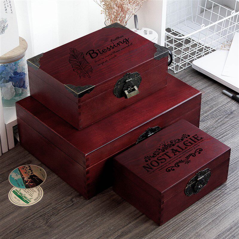 实木榫卯工艺g酒红色木盒 家用桌面单层收纳盒 欧式风格设计