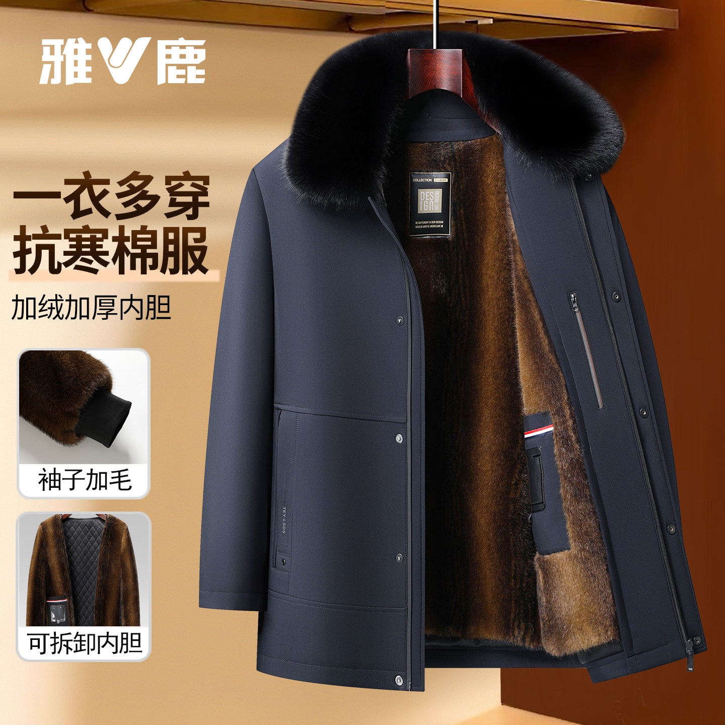 【袖子+毛 毛领款】加绒加厚可脱卸爸爸装棉服外套中老年冬季棉衣