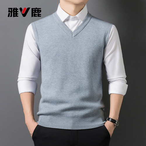 yaloo/雅鹿雅鹿男士V领针织马甲背心灰色无袖保暖打底坎肩毛衣