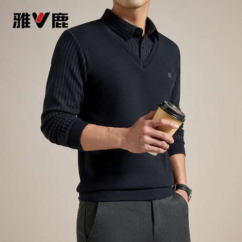 yaloo/雅鹿男士假两件毛衣V领针织衫商务穿搭加厚保暖打底衫