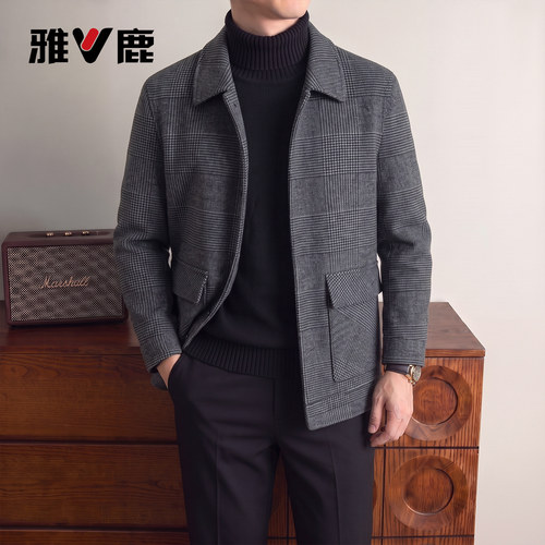 yaloo/雅鹿商务休闲羊毛西装外套男士秋冬新款灰色格纹单西服