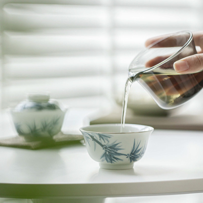 手绘青花竹旅行茶具套装快客杯户外盖碗随身便携功夫茶具一壶一杯