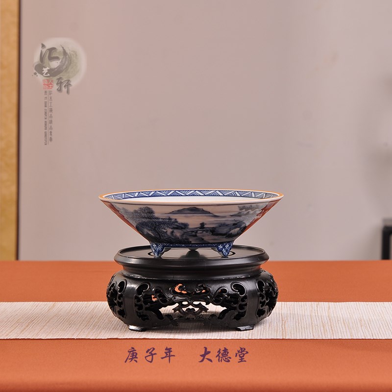 极姬蒲草迎春老鸦柿盆传统手绘青花瓷盆三开窗矾红山水小景六方盆