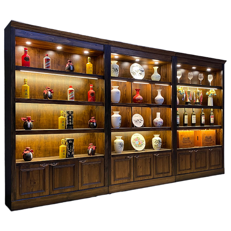 白酒柜商行展示柜特产干货展示柜陶瓷茶叶产品柜复古实木带灯货架