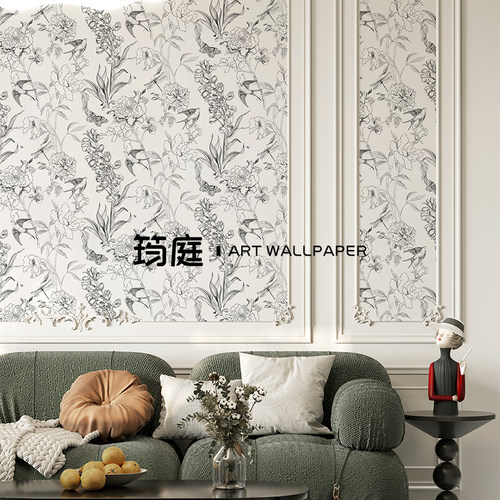 法式线描壁纸燕h子沙发电视背景墙布定制壁画卧室壁布餐厅客厅墙
