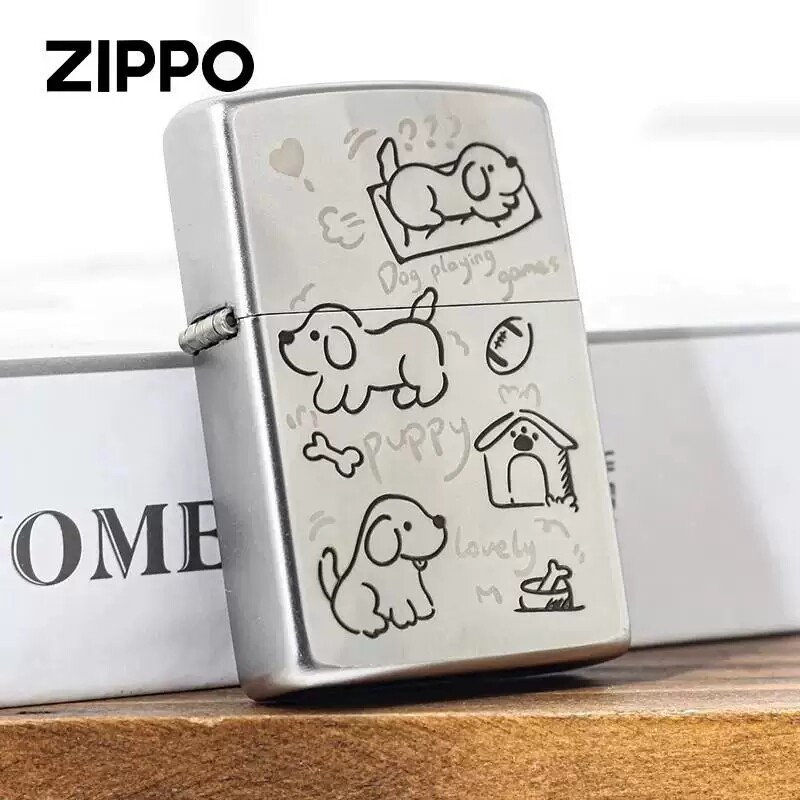 ZIPPO/之宝打火机 原装正品贪玩小狗 可爱狗狗磨砂银色生日送礼物