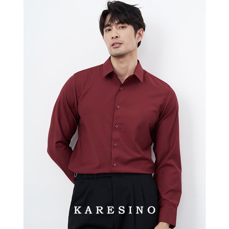 KARESINO男士商务抗皱酒红色衬衫新郎结婚订P婚服免熨烫白色衬衣